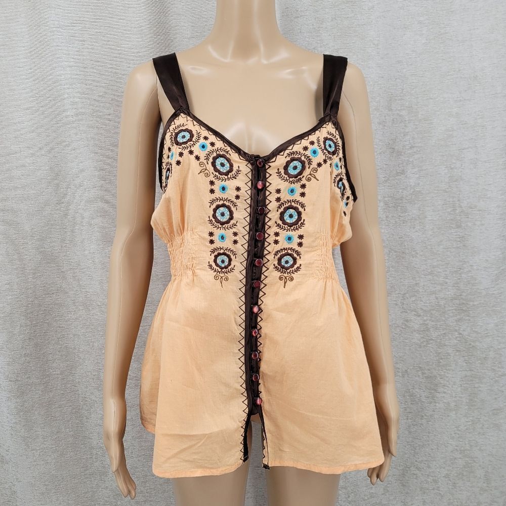 Wet Seal Y2K Embroidered Peach Sleeveless Tank Top Brown Satin Trim Boho